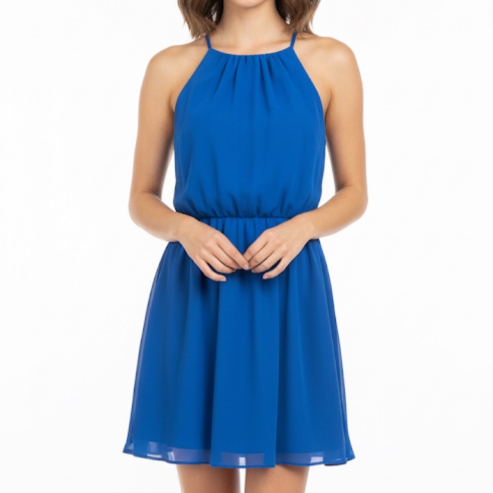 BCX NWOT Vibrant Blue Strappy Dress Lined Keyhole Button Back